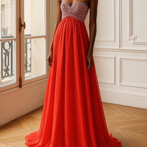 NWT La Femme Coral & Silver sequined chiffon gown size 4 (with flaw) - Picture 2 of 16